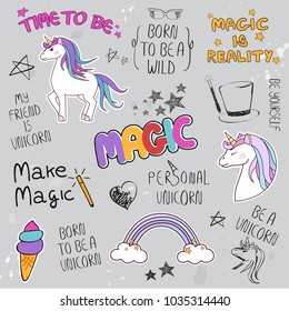 Unicorn slogan set isolated on gray background. Trendy hand drawn typography for web site,label,poster,placard and t shirt print template. Creative kids painting art concept,vector illustration eps 10