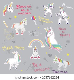 Unicorn slogan set isolated on gray background. Trendy hand drawn typography for web site,label,poster,placard and t shirt print template. Creative kids painting art concept,vector illustration eps 10