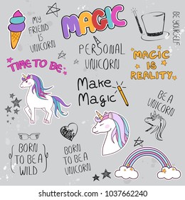 Unicorn slogan set isolated on gray background. Trendy hand drawn typography for web site,label,poster,placard and t shirt print template. Creative kids painting art concept,vector illustration eps 10