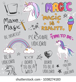 Unicorn slogan set isolated on gray background. Trendy hand drawn typography for web site,label,poster,placard and t shirt print template. Creative kids painting art concept,vector illustration eps 10