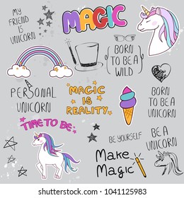 Unicorn slogan set isolated on gray background. Trendy hand drawn typography for web site,label,poster,placard and t shirt print template. Creative kids painting art concept,vector illustration eps 10