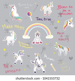 Unicorn slogan set isolated on gray background. Trendy hand drawn typography for web site,label,poster,placard and t shirt print template. Creative kids painting art concept,vector illustration eps 10