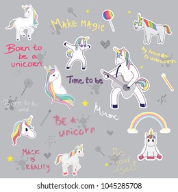 Unicorn slogan set isolated on gray background. Trendy hand drawn typography for web site,label,poster,placard and t shirt print template. Creative kids painting art concept,vector illustration eps 10