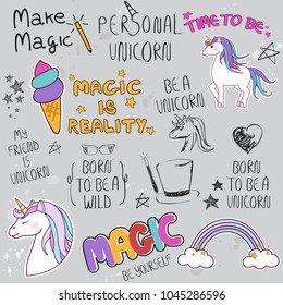 Unicorn slogan set isolated on gray background. Trendy hand drawn typography for web site,label,poster,placard and t shirt print template. Creative kids painting art concept,vector illustration eps 10