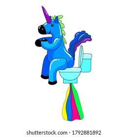 Unicorn smiling pooping a rainbow, fantasy cute character beast multicolored shit turd. Vector illustration isolated cartoon style