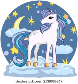 Unicorn in a snowball like frame with moon and stars and clouds. Vector isolated Grafik 