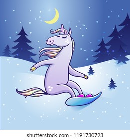 Unicorn snowboarding. Cute cartoon unicorn.