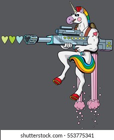 Unicorn soldier character shooting hearts with his love gun. 