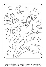 Unicorn space coloring page illustration