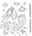 Unicorn space with planet and star coloring page illustration