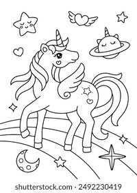 Unicorn space with planet and star coloring page illustration