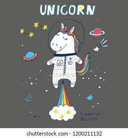 Unicorn in space. Vector illustration for t-shirt, textile,  wall art, denim, stickers, mugs, covers, patterns, phone cases and other use