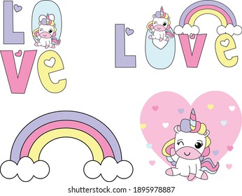 unicorn special valentines day with rainbow and love for decorations