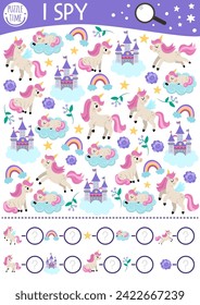 Unicorn I spy game for kids. Searching and counting activity with rainbow, castle, star, clouds. Magic, fantasy world printable worksheet for preschool children. Fairytale spotting puzzle
