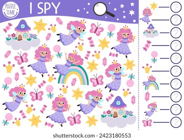 Unicorn I spy game for kids. Searching and counting activity with cute fairy princess, rainbow, stars. Magic, fantasy world printable worksheet for preschool children. Fairytale spotting puzzle