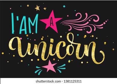 Unicorn Squad hand drawn moderm isolated colorful blue, pink calligraphy text with splashes, heart decor. Gold foil texture on dark background. Cards, prints, poster, t-shirt design.