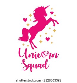 Unicorn Squad horse vector illustration. Best used for poster, tshirts, website, logo and branding. Pink color unicorn with heart and glitters.