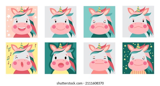 Unicorn square face. Cute template for memo, notebook cover, planner, note, stickers, labels. Funny cartoon Muzzles. Vector illustrations on white background svg