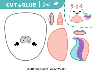 Unicorn. Squishmallow. Cut and glue. Applique. Paper game. Owl. Kawaii, cartoon. Isolated vector illustration eps 10