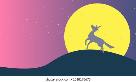 Unicorn stand on mountain and moon background.