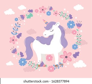 unicorn standing cartoon wreath flowers fantasy magic dream cute pink background vector illustration