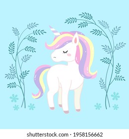 The unicorn standing with its head down,There are leaf decorations on both sides of the background