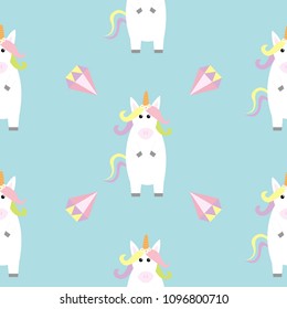 Unicorn standing Kawaii head face. Diamond brilliant stone. Pastel color. Cute cartoon baby character. Funny horse. Seamless Pattern Wrapping paper, textile template Blue background Flat design Vector
