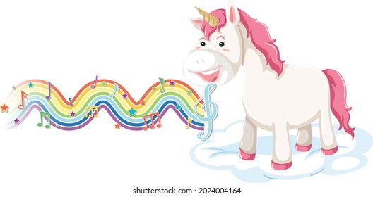 Unicorn standing on the cloud with melody symbols on rainbow wave illustration