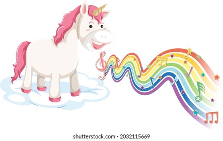 Unicorn standing on the cloud with melody symbols on rainbow wave illustration