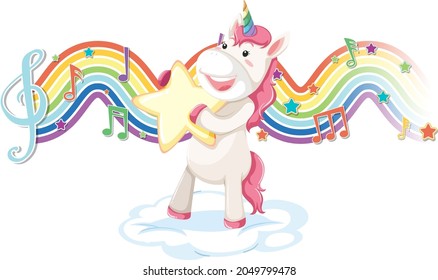 Unicorn standing on the cloud with melody symbols on rainbow wave illustration