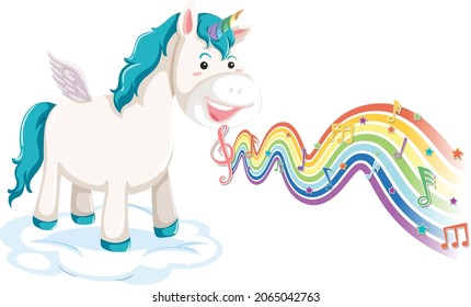 Unicorn standing on the cloud with melody symbols on rainbow wave illustration