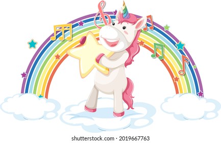 Unicorn standing on cloud with rainbow and melody symbol illustration
