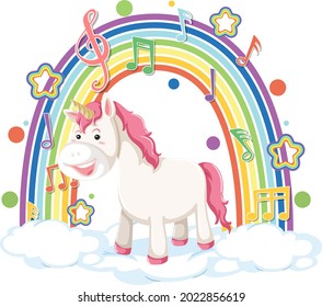 Unicornio parado en la nube con el arco iris y la ilustración del símbolo de la melodía