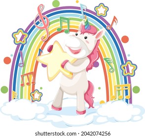 Unicorn standing on cloud with rainbow and melody symbol illustration