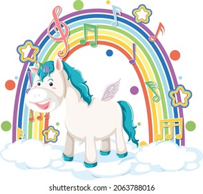 Unicorn standing on cloud with rainbow and melody symbol illustration