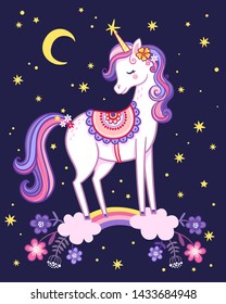 Unicorn is standing on a rainbow on the background of the night sky. Cute vector illustration with a fabulous animal.