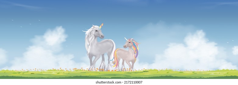 Unicorn standing on spring green grass field with fluffy cloud and blue sky background,Vector Cute cartoon Wonderland landscape in morning with fairy family horse walking on meadow in Springtime