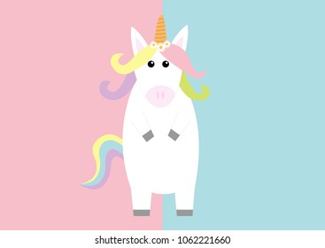 Unicorn standing Pastel color rainbow hair, daisy chamomile flower. Kawaii head face. Flat lay design. Cute cartoon baby character. Funny horse. Valentines Day. Love card. Pink blue background. Vector