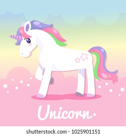 Unicorn standing in rainbow background