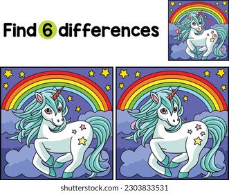 Unicornio en pie del arcoiris encuentra las diferencias