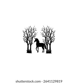 unicorn standing in a silhouette forest clearing on white background