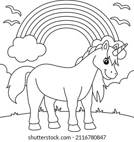 Unicorn Standing Under The Rainbow Coloring Page