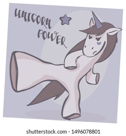 Unicorn stands in a karate combat pose. The inscription "Unicorn power." Hand drawn vector illustration.