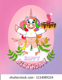 A unicorn stands on a cloud among the leaves and holds a birthday cake