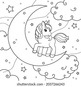 The unicorn stands on the moon against the background of the starry sky and clouds. Coloring book page. Vector illustration on white background.