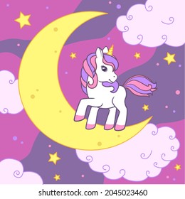 The unicorn stands on the moon against the background of the starry sky and clouds. Colorful vector illustration for cards, books, t-shirts