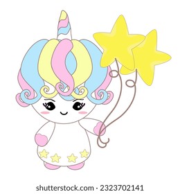 Unicorn with star balloons. Baby Unicorn cartoon character background for Happy birthday card, baby shower.