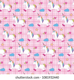 Unicorn, star, cloud, heart in square pink. A playful, modern, and flexible pattern for brand who has cute and fun style. Repeated pattern. Happy, bright, and magical mood.