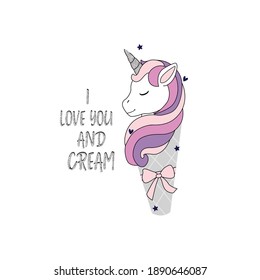 unicorn star heart love ice cream glitter text shine pretty line tee illustration art vector slogan
