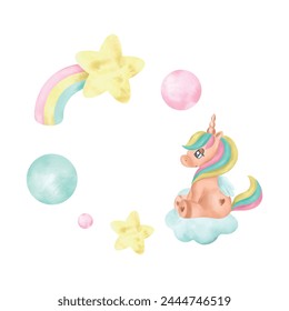 Unicorn, star, rainbow, balls, watercolor. Hand drawn vector illustration in pastel colors for cards, invitations, websites, album covers. Set of elements for fantasy unicorns.